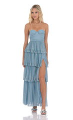 Strapless Shimmer Ruffle Maxi Dress in Blue