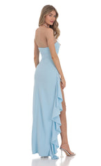 Strapless Ruched Ruffle Maxi Dress in Blue