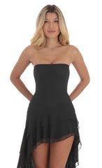 Strapless Mesh High Low Dress in Black