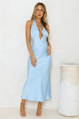 Undeniably Magnetic Halter Satin Maxi Dress Blue