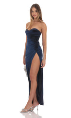Strapless Velvet Sequin Bust Maxi Dress in Navy