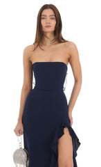 Strapless Back Bow Corset Maxi Dress in Navy