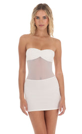 Strapless Mesh Cutout Dress in White