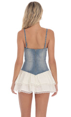 Two Toned Denim Ruffle Dress in Blue and White