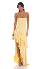 Strapless Ruffle Asymmetrical Maxi Dress in Yellow
