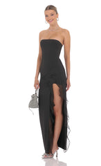 Strapless Ruffle Slit Maxi Dress in Black