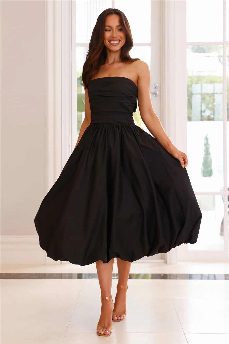 Upon A Cloud Strapless Bubble Midi Dress Black
