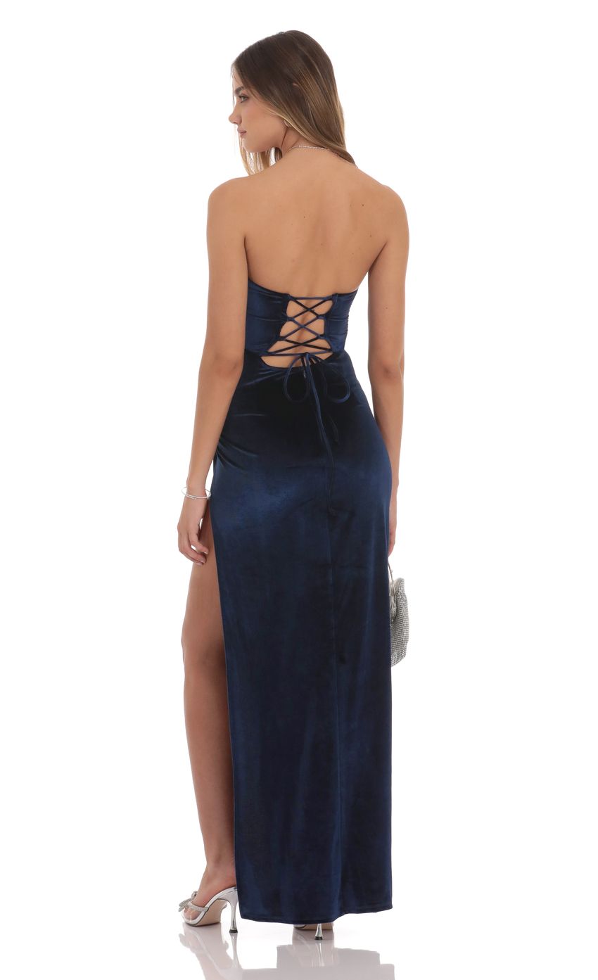 Strapless Velvet Sequin Bust Maxi Dress in Navy