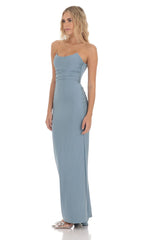 Strapless Corset Sequin Butterfly Maxi Dress in Blue