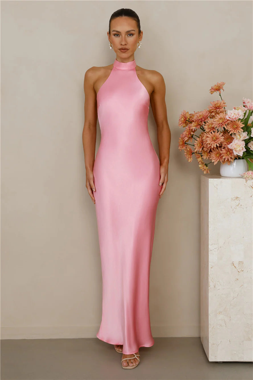The Cleo Halter Satin Maxi Dress Candy