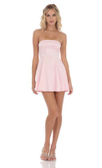 Strapless Satin Fit and Flare Dress in Pink