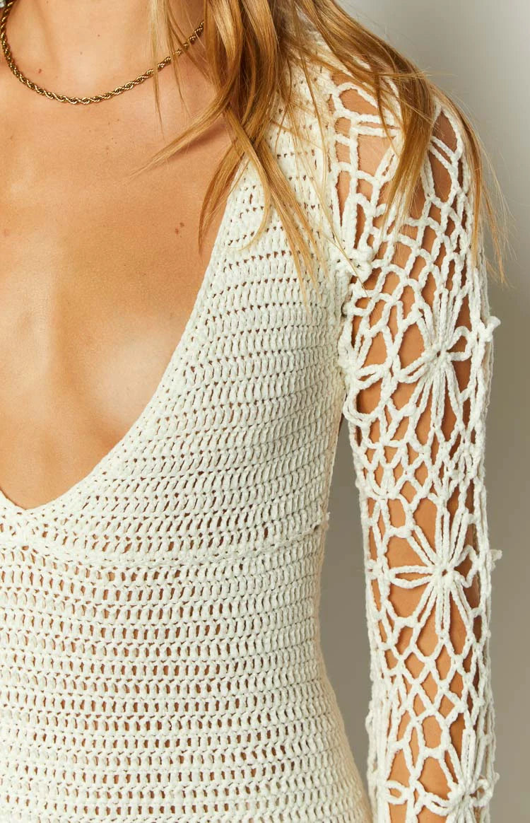 Spina White Crochet Long Sleeve Mini Dress