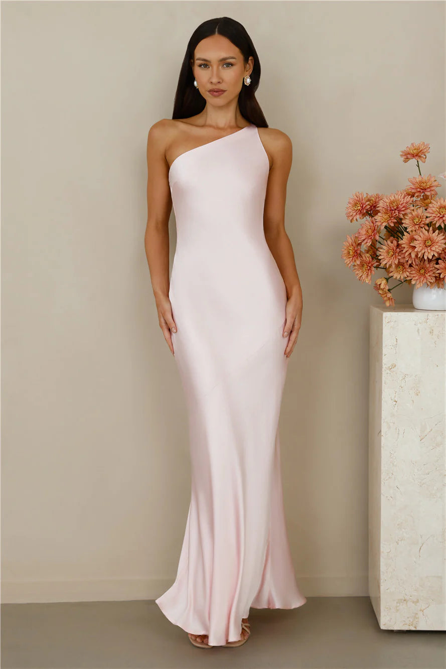 The Evangeline One Shoulder Satin Maxi Dress Pink