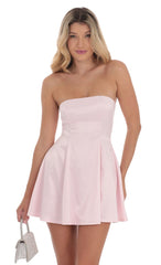 Strapless Satin Fit and Flare Dress in Pink