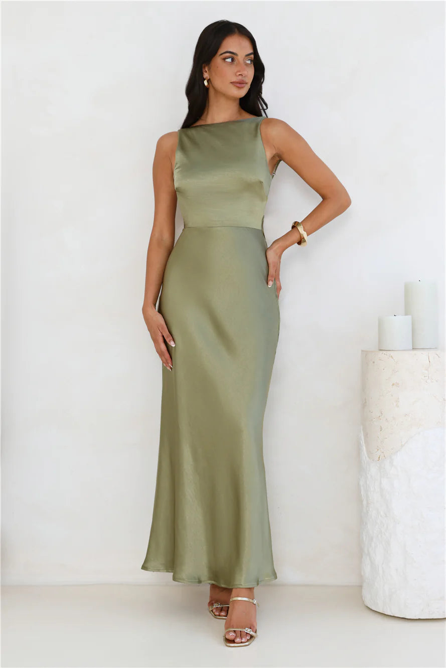 Unveiled Sophistication Satin Maxi Dress Olive