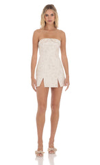Strapless Foiled Floral Double Slit Dress in Cream