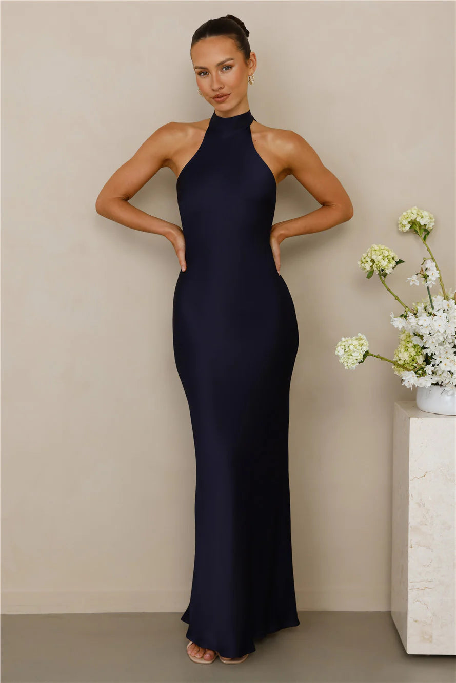 The Cleo Halter Satin Maxi Dress Navy