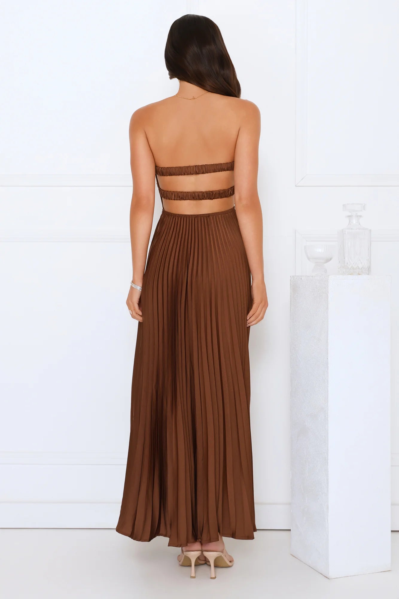 Vibes Are Priceless Strapless Satin Pleated Maxi Dress Brown