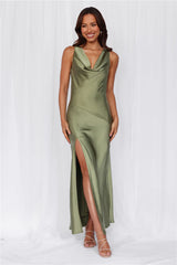 The Loretta Cowl Satin Maxi Dress Olive