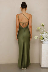 The Evangeline One Shoulder Satin Maxi Dress Olive