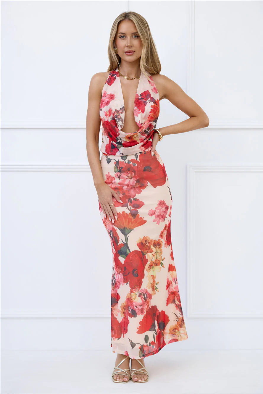 Viral Vibes Mesh Halter Maxi Dress Beige
